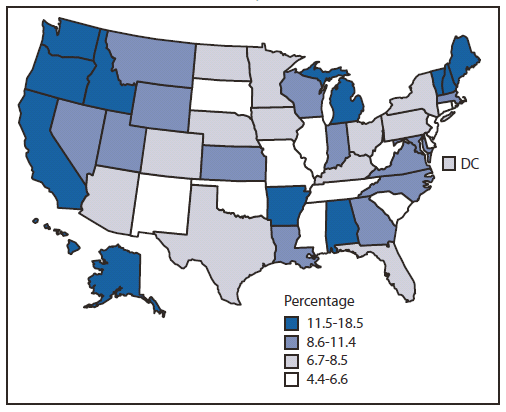 The figure shows the percentage of opioid distribution accounted for by methadone prescribed for pain, by state in the United States during 2010. In 2010, methadone accounted for 9.0% of all the morphine milligram equivalents of all major opioids tracked by the Drug Enforcement Administration's Automation of Reports and Consolidated Orders System (ARCOS) other than buprenorphine. This proportion varied by state from 4.5% in New Jersey to 18.5% in Washington.